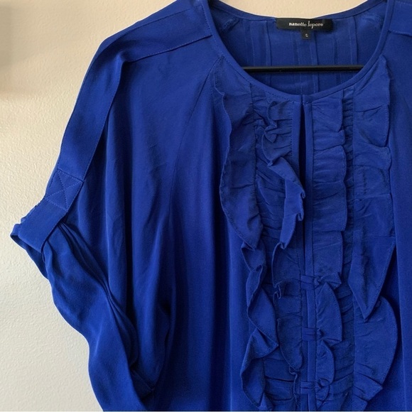 Nanette Lepore 100% Silk Blue Ruffle Short Sleeve Dynasty Blouse Size 0 - Picture 3 of 11